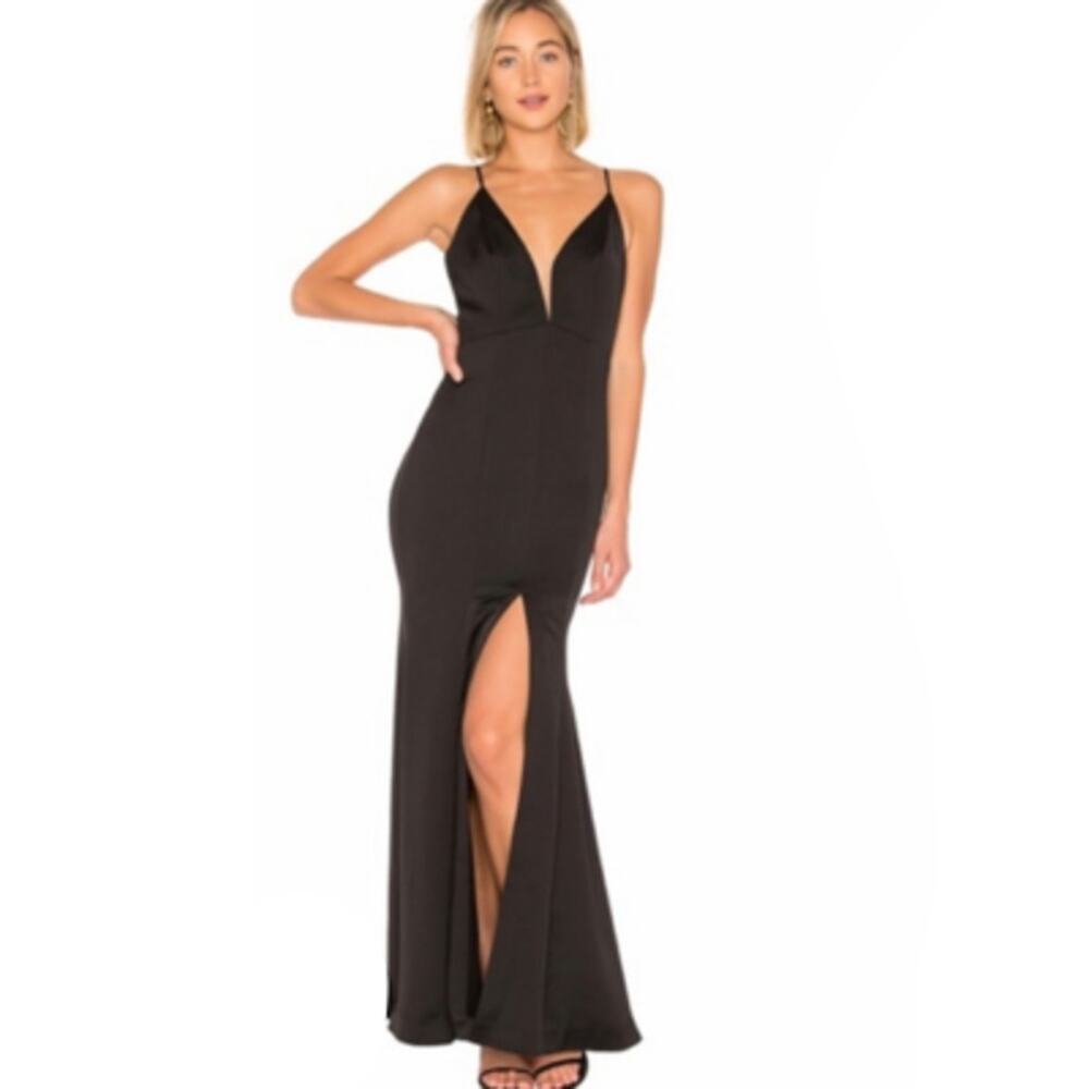 NBD Trent Gown Satin Maxi Dress Deep V Spaghetti Strap Black Size Small Revolve